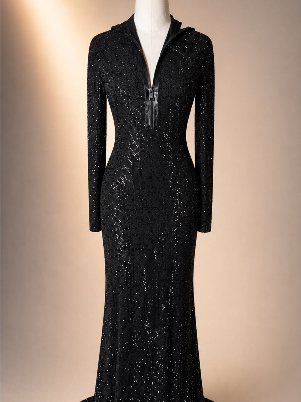Ralph Lauren Purple Label Black Sequin Long-Sleeve Hooded Gown - Picture 3 of 6